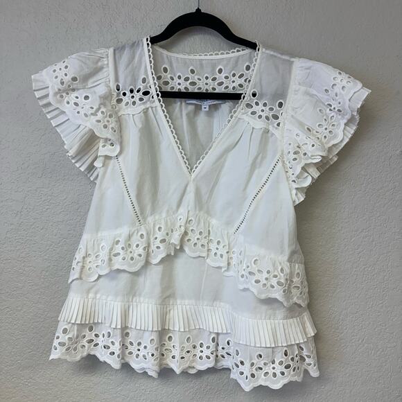 Hunter Bell Carlton Eyelet V-Neck Double Ruffle Sleeve Top White Size Medium - Picture 2 of 8